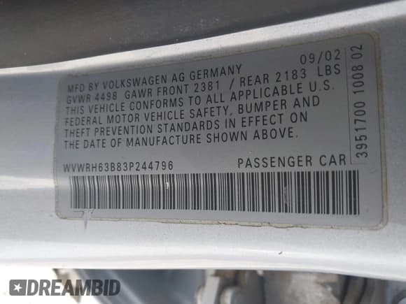 ✅ 2003 Volkswagen Passat GLX • VIN: WVWRH63B83P244796 • Lot: 42228440. Listed on IAAI with 127,068 mi. Free auction sales archive from the USA and detailed vehicle history report at DreamBid. Image 9.