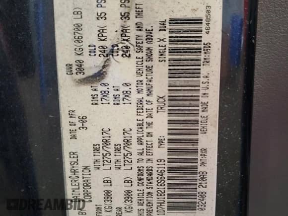 2006 Dodge 1500 Laramie z VIN 1D7HU18216S646119, wystawiony jako Copart lot #69236755 z przebiegiem 276 183 mil mil oraz Szkoda całkowita • Salvage title. Historia ofert i sprzedaży dostępna na DreamBid. Obrazek 12.