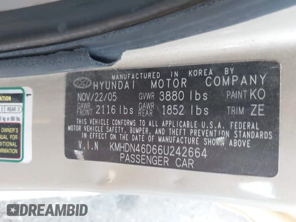 ✅ 2006 Hyundai Elantra GLS • VIN: KMHDN46D66U242664 • Lot: 42947504. Wystawiony na IAAI z przebiegiem 109 545 mil. Bezpłatny archiwum sprzedaży aukcyjnych z USA i szczegółowy raport historii pojazdu na DreamBid. Zdjęcie 9.