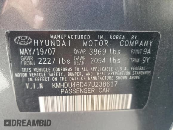 ✅ 2007 Hyundai Elantra GLS • VIN: KMHDU46D47U238617 • Lot: 91582475. Listed on Copart with 78,288 mi. Free auction sales archive from the USA and detailed vehicle history report at DreamBid. Image 12.
