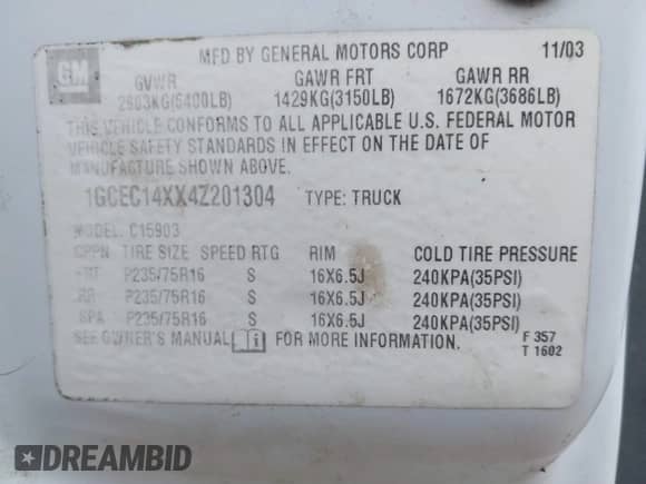 2004 Chevrolet Silverado 1500 Work Truck with VIN 1GCEC14XX4Z201304, listed as a IAAI auction lot 41462671 with 131,083 mi miles and . Bid and sale history available at DreamBid. Image 9.