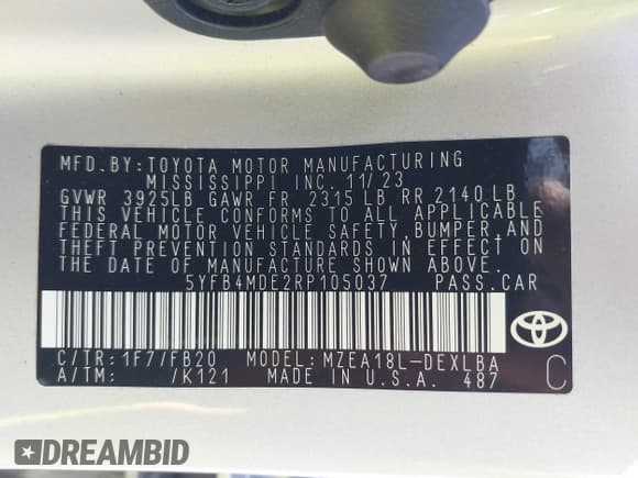 ✅ 2024 Toyota Corolla LE • VIN: 5YFB4MDE2RP105037 • Lot: 42811776. Wystawiony na IAAI z przebiegiem 40 841 mil. Bezpłatny archiwum sprzedaży aukcyjnych z USA i szczegółowy raport historii pojazdu na DreamBid. Zdjęcie 9.
