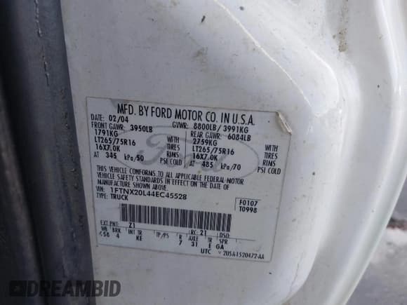 ✅ 2004 Ford F-250 XL • VIN: 1FTNX20L44EC45528 • Lot: 41598042. Listed on IAAI with 2,163,017 mi. Free auction sales archive from the USA and detailed vehicle history report at DreamBid. Image 9.