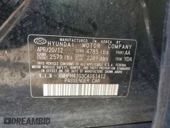 2012 Hyundai Azera с VIN KMHFH4JG3CA161412, выставлен на аукционе Copart как лот 41748075 с пробегом 150 816 миль миль и Списание • Salvage title. История ставок и продаж доступна на DreamBid. Изображение 12.