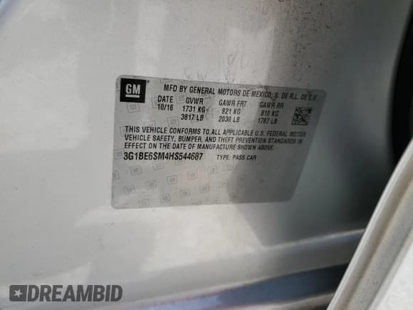 ✅ 2017 Chevrolet Cruze LT • VIN: 3G1BE6SM4HS544687 • Lot: 62406513. Listed on Copart with 91,412 mi. Free auction sales archive from the USA and detailed vehicle history report at DreamBid. Image 13.