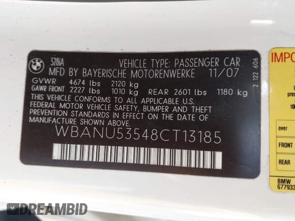 ✅ 2008 BMW 5 Series 528i • VIN: WBANU53548CT13185 • Lot: 43676125. Listed on IAAI with 121,799 mi. Free auction sales archive from the USA and detailed vehicle history report at DreamBid. Image 9.
