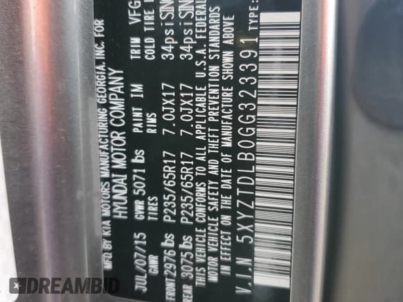 ✅ 2016 Hyundai Santa Fe • VIN: 5XYZTDLB0GG323391 • Lot: 82534675. Listed on Copart with 152,523 mi. Free auction sales archive from the USA and detailed vehicle history report at DreamBid. Image 13.