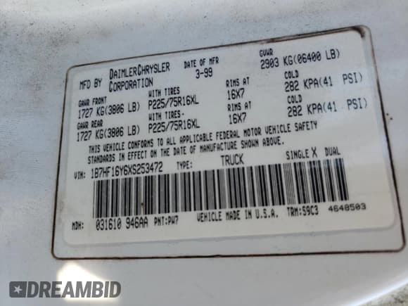 ✅ 1999 Dodge 1500 • VIN: 1B7HF16Y6XS253472 • Lot: 86786265. Listed on Copart with 423,593 mi. Free auction sales archive from the USA and detailed vehicle history report at DreamBid. Image 12.