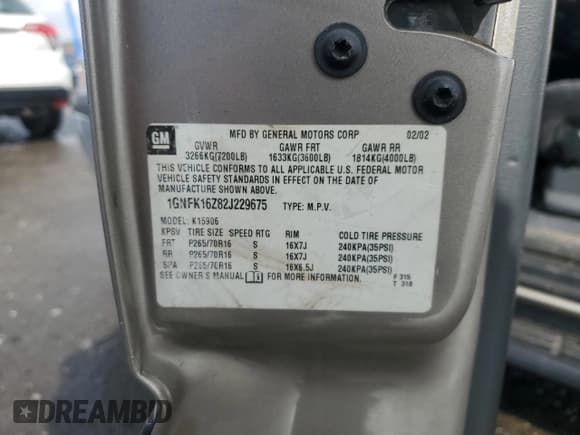 ✅ 2002 Chevrolet Suburban LS • VIN: 1GNFK16Z82J229675 • Lot: 50188135. Listed on Copart with Not provided. Free auction sales archive from the USA and detailed vehicle history report at DreamBid. Image 15.