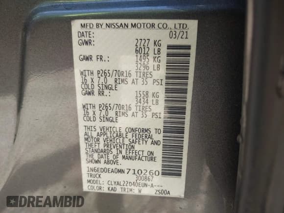 ✅ 2021 Nissan Frontier SV • VIN: 1N6ED0EA0MN710260 • Lot: 42292937. Listed on IAAI with 63,573 mi. Free auction sales archive from the USA and detailed vehicle history report at DreamBid. Image 9.