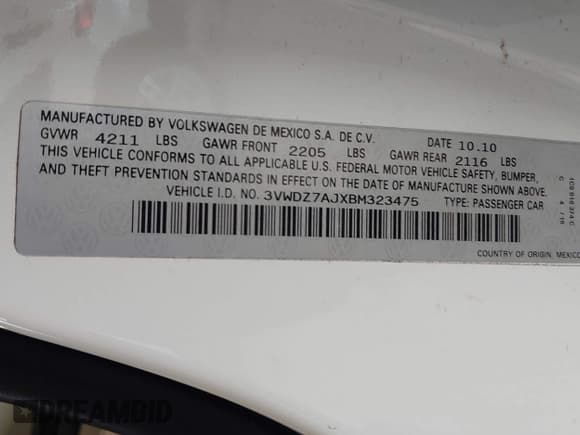 ✅ 2011 Volkswagen Jetta SE • VIN: 3VWDZ7AJXBM323475 • Lot: 43496583. Listed on IAAI with 107,404 mi. Free auction sales archive from the USA and detailed vehicle history report at DreamBid. Image 9.