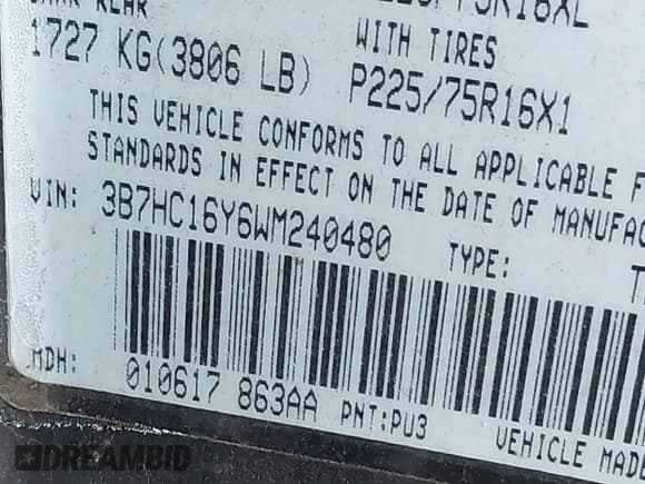 ✅ 1998 Dodge 1500 • VIN: 3B7HC16Y6WM240480 • Lot: 43517439. Wystawiony na IAAI z przebiegiem 142 366 mil. Bezpłatny archiwum sprzedaży aukcyjnych z USA i szczegółowy raport historii pojazdu na DreamBid. Zdjęcie 9.