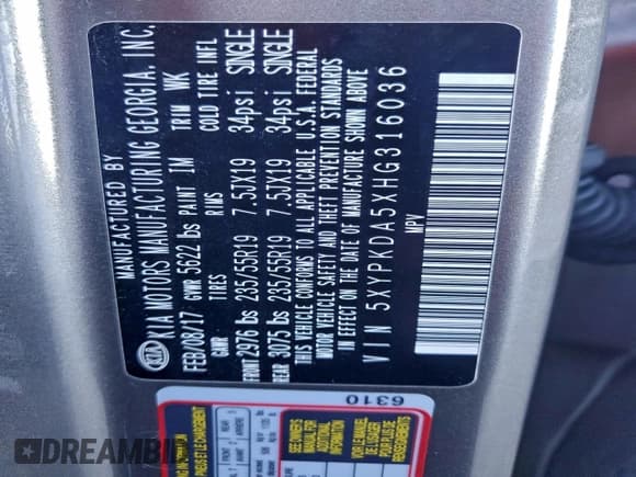 ✅ 2017 Kia Sorento SX • VIN: 5XYPKDA5XHG316036 • Lot: 93293065. Listed on Copart with 91,434 mi. Free auction sales archive from the USA and detailed vehicle history report at DreamBid. Image 13.