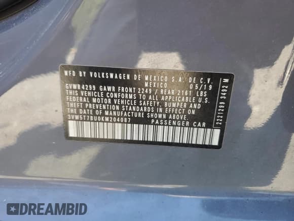 ✅ 2019 Volkswagen Jetta S • VIN: 3VW5T7BU0KM204087 • Lot: 84738525. Listed on Copart with 110,080 mi. Free auction sales archive from the USA and detailed vehicle history report at DreamBid. Image 12.