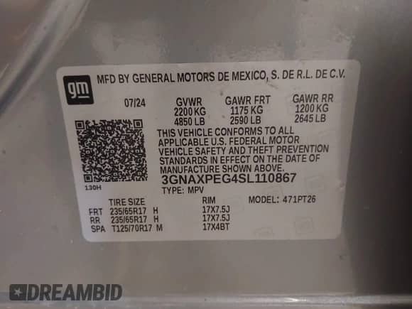 2025 Chevrolet Equinox AWD LT with VIN 3GNAXPEG4SL110867, listed as a IAAI auction lot 41889436 with 1,632 mi miles and . Bid and sale history available at DreamBid. Image 9.