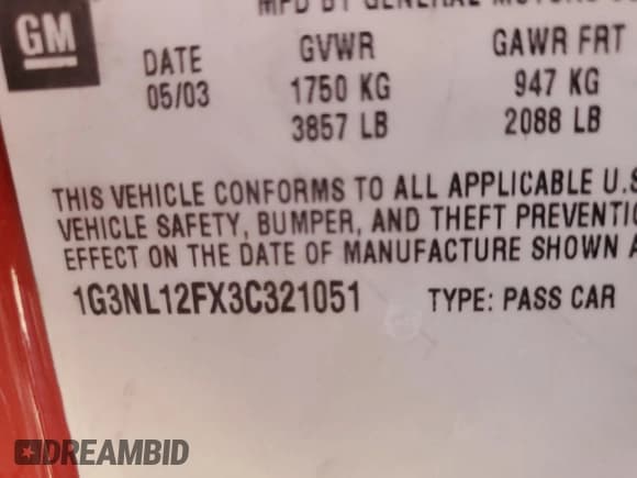 ✅ 2003 Oldsmobile Alero GL1 • VIN: 1G3NL12FX3C321051 • Lot: 50116075. Wystawiony na Copart z przebiegiem 168 038 mil. Bezpłatny archiwum sprzedaży aukcyjnych z USA i szczegółowy raport historii pojazdu na DreamBid. Zdjęcie 13.