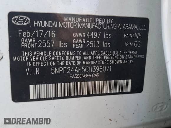 2016 Hyundai Sonata SE z VIN 5NPE24AF5GH398071, wystawiony jako Copart lot #84771695 z przebiegiem Nie podano mil oraz Nie do naprawy • Non repairable. Historia ofert i sprzedaży dostępna na DreamBid. Obrazek 12.