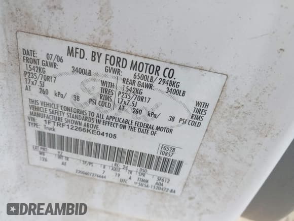 ✅ 2006 Ford F-150 XL • VIN: 1FTRF12266KE04105 • Lot: 43690682. Wystawiony na IAAI z przebiegiem 152 092 mil. Bezpłatny archiwum sprzedaży aukcyjnych z USA i szczegółowy raport historii pojazdu na DreamBid. Zdjęcie 9.