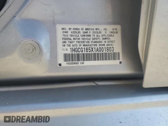 ✅ 2001 Honda Accord EX • VIN: 1HGCG165X1A001803 • Lot: 90711155. Listed on Copart with 206,162 mi. Free auction sales archive from the USA and detailed vehicle history report at DreamBid. Image 13.