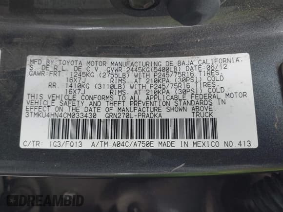 ✅ 2012 Toyota Tacoma PreRunner • VIN: 3TMKU4HN4CM033430 • Lot: 42085127. Listed on IAAI with 138,794 mi. Free auction sales archive from the USA and detailed vehicle history report at DreamBid. Image 9.