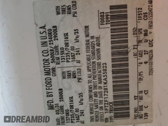 ✅ 2001 Ford F-150 XL • VIN: 1FTZF17281KA55823 • Lot: 84932455. Listed on Copart with 141,253 mi. Free auction sales archive from the USA and detailed vehicle history report at DreamBid. Image 12.