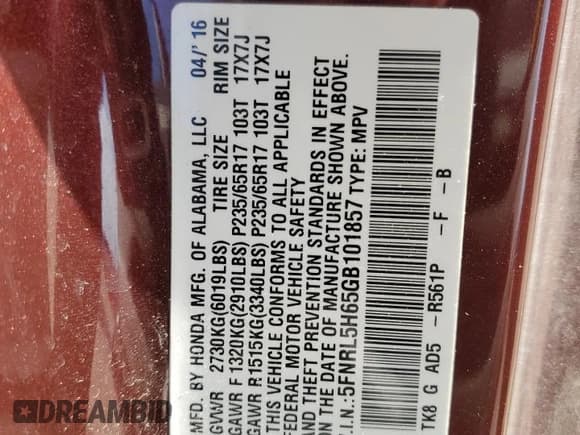 ✅ 2016 Honda Odyssey EX-L • VIN: 5FNRL5H65GB101857 • Lot: 90467345. Listed on Copart with 120,530 mi. Free auction sales archive from the USA and detailed vehicle history report at DreamBid. Image 13.