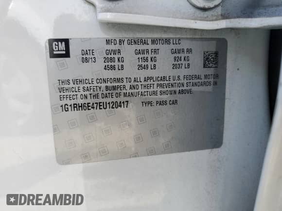 2014 Chevrolet Volt z VIN 1G1RH6E47EU120417, wystawiony jako Copart lot #59427514 z przebiegiem 122 116 mil mil oraz Szkoda całkowita • Salvage title. Historia ofert i sprzedaży dostępna na DreamBid. Obrazek 12.