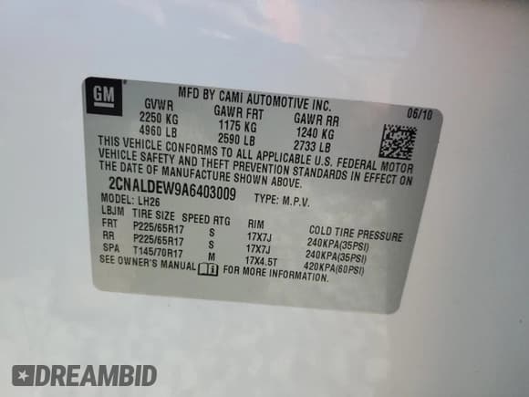 ✅ 2010 Chevrolet Equinox 1LT • VIN: 2CNALDEW9A6403009 • Лот: 51737674. Опубликован ранее на Copart с пробегом 195 243 миль. Бесплатный доступ к архиву аукционных продаж из США и подробный отчёт об истории автомобиля на DreamBid. Изображение 13.