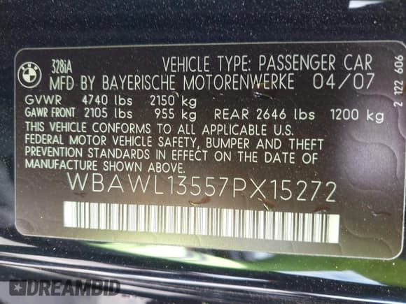 ✅ 2007 BMW 3 Series 328i • VIN: WBAWL13557PX15272 • Лот: 42228789. Опубликован ранее на IAAI с пробегом 107 760 миль. Бесплатный доступ к архиву аукционных продаж из США и подробный отчёт об истории автомобиля на DreamBid. Изображение 9.