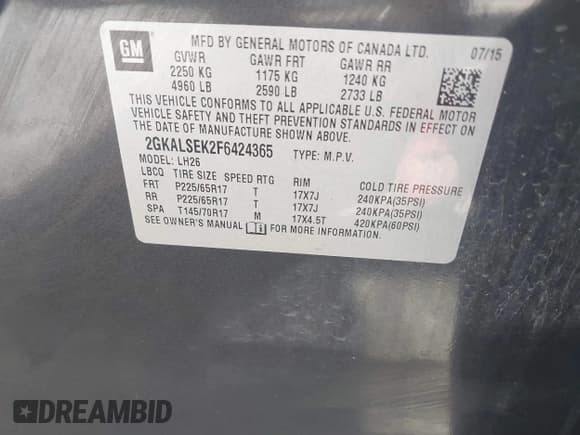 ✅ 2015 GMC Terrain SLT • VIN: 2GKALSEK2F6424365 • Lot: 42982490. Listed on IAAI with 82,657 mi. Free auction sales archive from the USA and detailed vehicle history report at DreamBid. Image 9.