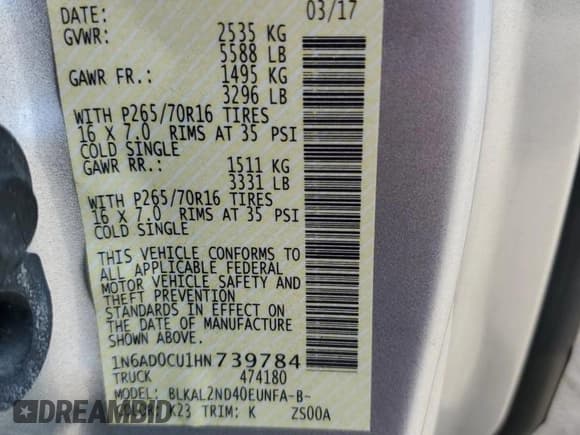 ✅ 2017 Nissan Frontier SV • VIN: 1N6AD0CU1HN739784 • Lot: 52462065. Listed on Copart with 68,762 mi. Free auction sales archive from the USA and detailed vehicle history report at DreamBid. Image 14.