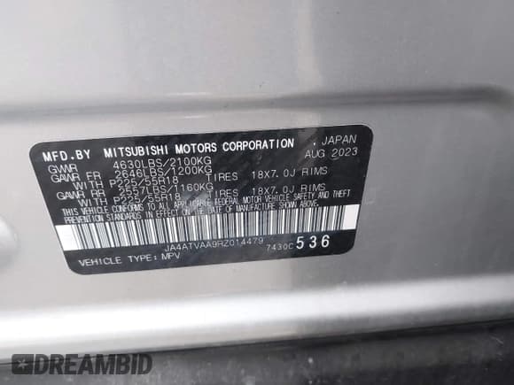 ✅ 2024 Mitsubishi Eclipse Cross LE • VIN: JA4ATVAA9RZ014479 • Lot: 41642572. Listed on IAAI with 19,406 mi. Free auction sales archive from the USA and detailed vehicle history report at DreamBid. Image 9.