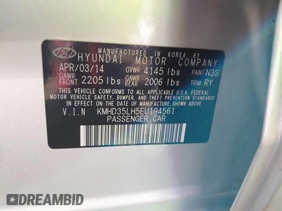 ✅ 2014 Hyundai Elantra • VIN: KMHD35LH5EU194561 • Lot: 43357715. Listed on IAAI with 96,097 mi. Free auction sales archive from the USA and detailed vehicle history report at DreamBid. Image 9.