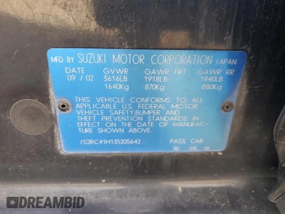 ✅ 2003 Suzuki Aerio SX • VIN: JS2RC41H135205642 • Lot: 77690224. Wystawiony na Copart z przebiegiem 161 414 mil. Bezpłatny archiwum sprzedaży aukcyjnych z USA i szczegółowy raport historii pojazdu na DreamBid. Zdjęcie 15.