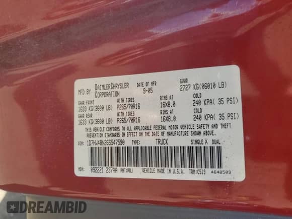 2006 Dodge Dakota SLT z VIN 1D7HW48N26S547590, wystawiony jako Copart lot #55104504 z przebiegiem Nie podano mil oraz Szkoda całkowita • Salvage title. Historia ofert i sprzedaży dostępna na DreamBid. Obrazek 13.