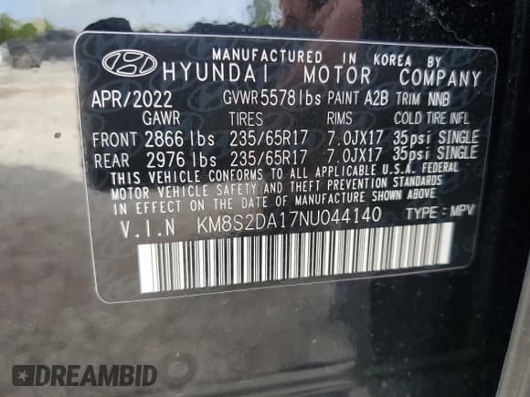 ✅ 2022 Hyundai Santa Fe Blue • VIN: KM8S2DA17NU044140 • Лот: 66670282. Опубликован ранее на Copart с пробегом 6 329 миль. Бесплатный доступ к архиву аукционных продаж из США и подробный отчёт об истории автомобиля на DreamBid. Изображение 10.