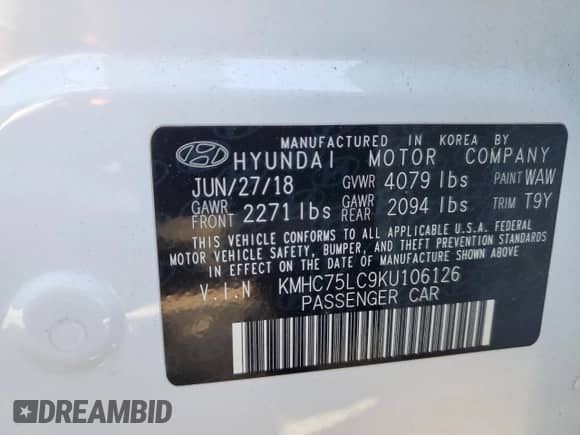 2019 Hyundai Ioniq SEL z VIN KMHC75LC9KU106126, wystawiony jako Copart lot #70461684 z przebiegiem 40 782 mil mil oraz Szkoda całkowita • Salvage title. Historia ofert i sprzedaży dostępna na DreamBid. Obrazek 12.
