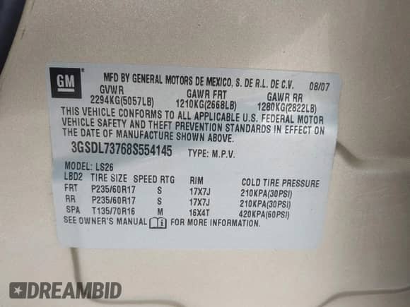 ✅ 2008 Saturn VUE XR • VIN: 3GSDL73768S554145 • Lot: 43317807. Wystawiony na IAAI z przebiegiem 127 275 mil. Bezpłatny archiwum sprzedaży aukcyjnych z USA i szczegółowy raport historii pojazdu na DreamBid. Zdjęcie 9.