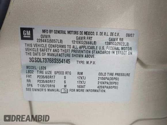 ✅ 2008 Saturn VUE XR • VIN: 3GSDL73768S554145 • Lot: 43317807. Listed on IAAI with 127,275 mi. Free auction sales archive from the USA and detailed vehicle history report at DreamBid. Image 9.