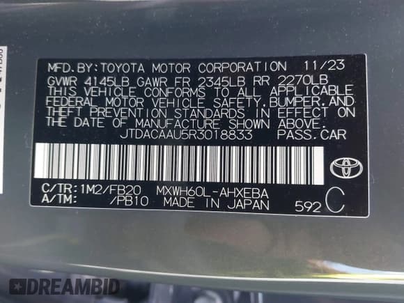 ✅ 2024 Toyota Prius LE • VIN: JTDACAAU5R3018833 • Lot: 43440379. Listed on IAAI with 24,877 mi. Free auction sales archive from the USA and detailed vehicle history report at DreamBid. Image 9.