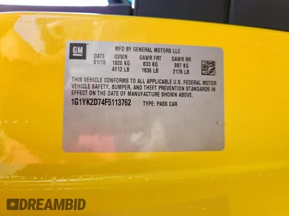 ✅ 2015 Chevrolet Corvette Z51 2LT • VIN: 1G1YK2D74F5113762 • Lot: 60892295. Listed on Copart with 62,563 mi. Free auction sales archive from the USA and detailed vehicle history report at DreamBid. Image 13.