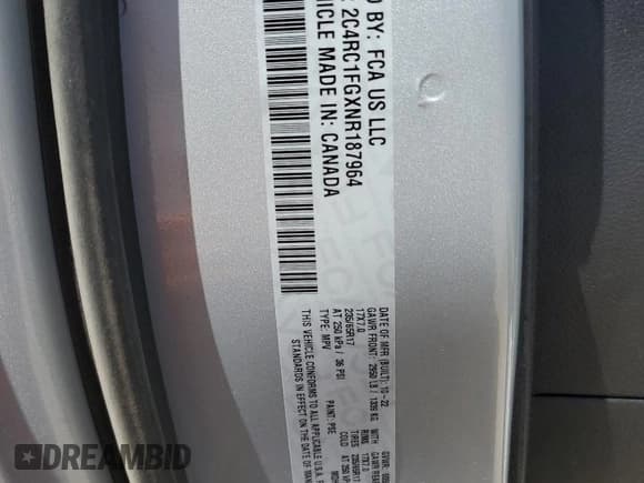 ✅ 2022 Chrysler Pacifica Touring • VIN: 2C4RC1FGXNR187964 • Lot: 57247915. Wystawiony na Copart z przebiegiem 54 492 mil. Bezpłatny archiwum sprzedaży aukcyjnych z USA i szczegółowy raport historii pojazdu na DreamBid. Zdjęcie 13.