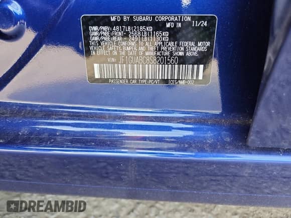 2025 Subaru Impreza с VIN JF1GUABC8S8201560, выставлен на аукционе Copart как лот 85583775 с пробегом 4 932 миль миль и Списание • Salvage title. История ставок и продаж доступна на DreamBid. Изображение 13.