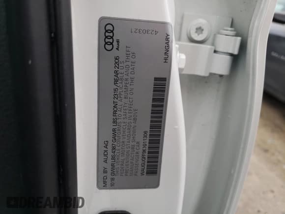 ✅ 2019 Audi A3 Premium Plus • VIN: WAUGUGFF9K1011306 • Lot: 36846984. Listed on Copart with Not provided. Free auction sales archive from the USA and detailed vehicle history report at DreamBid. Image 12.