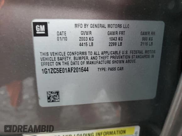 ✅ 2010 Chevrolet Malibu 1LT • VIN: 1G1ZC5E01AF201644 • Lot: 84506514. Listed on Copart with 122,739 mi. Free auction sales archive from the USA and detailed vehicle history report at DreamBid. Image 12.