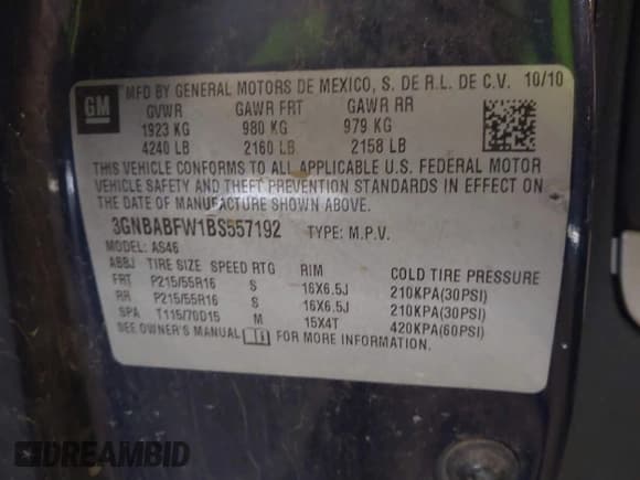 ✅ 2011 Chevrolet HHR 1LT • VIN: 3GNBABFW1BS557192 • Lot: 41898303. Listed on IAAI with 152,223 mi. Free auction sales archive from the USA and detailed vehicle history report at DreamBid. Image 9.