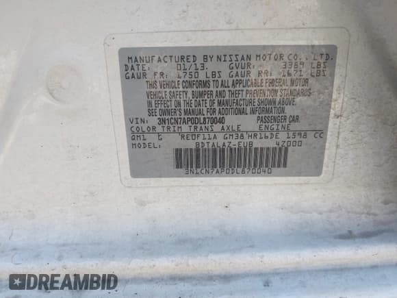 ✅ 2013 Nissan Versa SV • VIN: 3N1CN7AP0DL870040 • Lot: 42909061. Listed on IAAI with 137,212 mi. Free auction sales archive from the USA and detailed vehicle history report at DreamBid. Image 9.