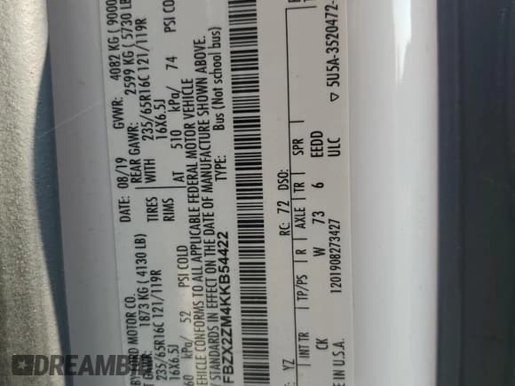 ✅ 2019 Ford Transit Passenger XL • VIN: 1FBZX2ZM4KKB54422 • Лот: 62767015. Опубликован ранее на Copart с пробегом 138 689 миль. Бесплатный доступ к архиву аукционных продаж из США и подробный отчёт об истории автомобиля на DreamBid. Изображение 13.