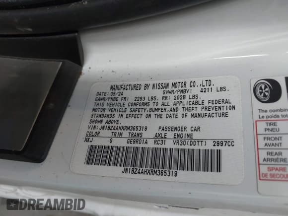 ✅ 2024 Nissan Z Sport • VIN: JN1BZ4AHXRM365319 • Lot: 42762246. Listed on IAAI with 6,370 mi. Free auction sales archive from the USA and detailed vehicle history report at DreamBid. Image 9.