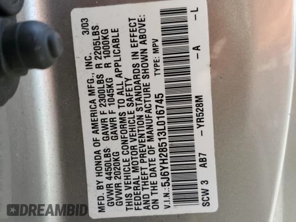 ✅ 2003 Honda Element EX • VIN: 5J6YH28513L016745 • Lot: 60483055. Listed on Copart with 241,539 mi. Free auction sales archive from the USA and detailed vehicle history report at DreamBid. Image 13.